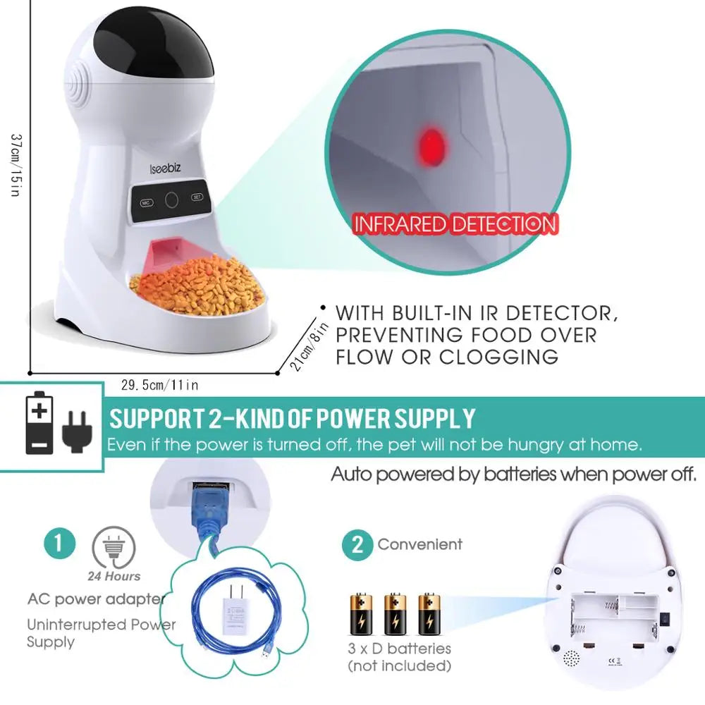 Iseebiz 3L Automatic Pet Feeder with Voice Record Pets Food Bowl for Medium Small Dog Cat LCD Screen Dispensers 4 Times One Day