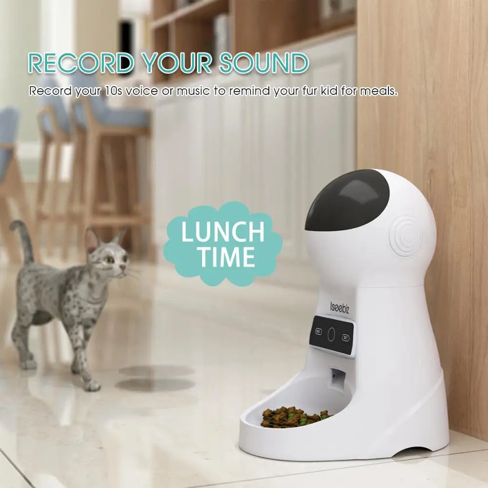 Iseebiz 3L Automatic Pet Feeder with Voice Record Pets Food Bowl for Medium Small Dog Cat LCD Screen Dispensers 4 Times One Day