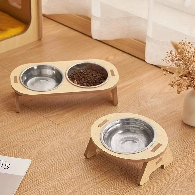 Wooden Elevated Dog Bowls with Stand Adjustable Raised Puppy Cat Food Water Bowls Holder Rabbit Feeder for Small Medium Pets